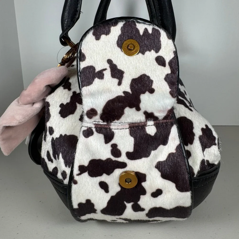Juicy Couture Romance Cow Print Satchel Bag Faux Fur Pink Bow Heart Charm BW